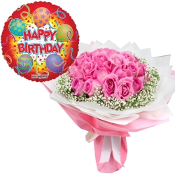 24 pcs Pink Roses Bouquet and Birthday You Balloon