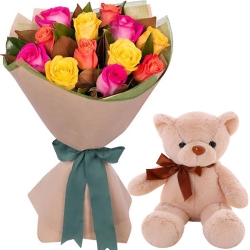 12 Mixed Roses with 8" Brown Teddy Bear