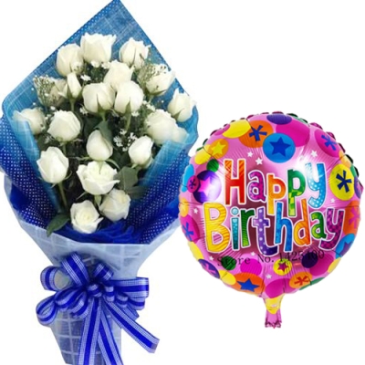 18 pcs White Roses with Birthday Mylar Balloon