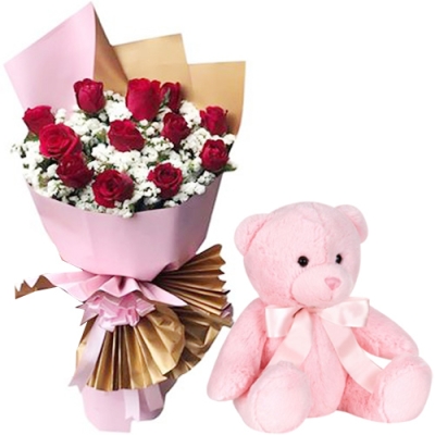 Dozen of Red Roses Bouquet with Pink Bear